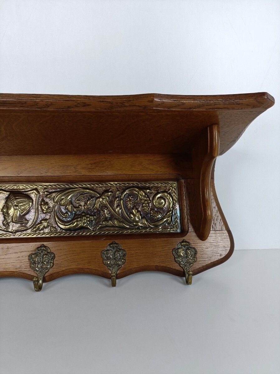 Antique Carved Wooden Coat Hat Rack Kitchen Rack Brass Plaque Grapes Bacchus photo vintage