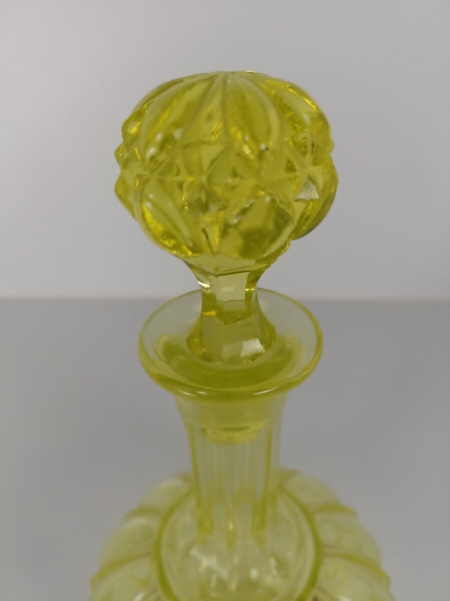 Art Glass Bottle Lidded Art Deco Antique Bubbled Hobnails Glass Yellow Gorgeous photo for sale