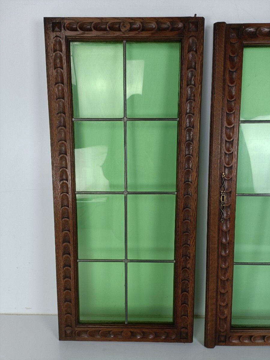 Gorgeous Large Hand Carved Wooden Door Panels Green  Glass Pair  Antique photo 350.0