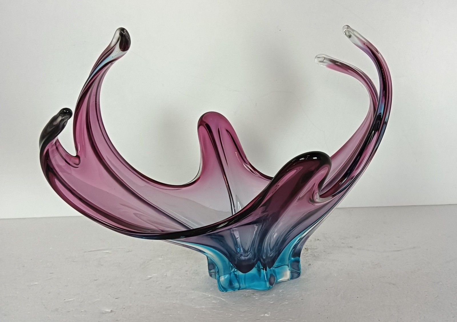 Blue  Cranberry Murano Italian Art Glass Centerpiece Dish Bowl Mid Century Vinta photo Home Decor