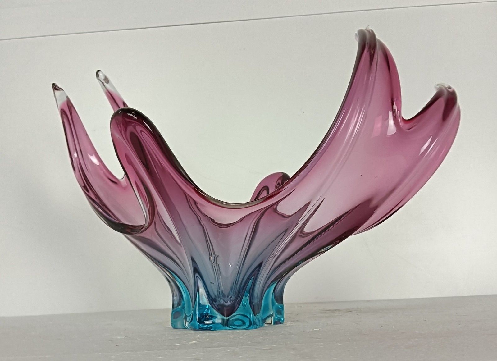 Blue  Cranberry Murano Italian Art Glass Centerpiece Dish Bowl Mid Century Vinta photo buy