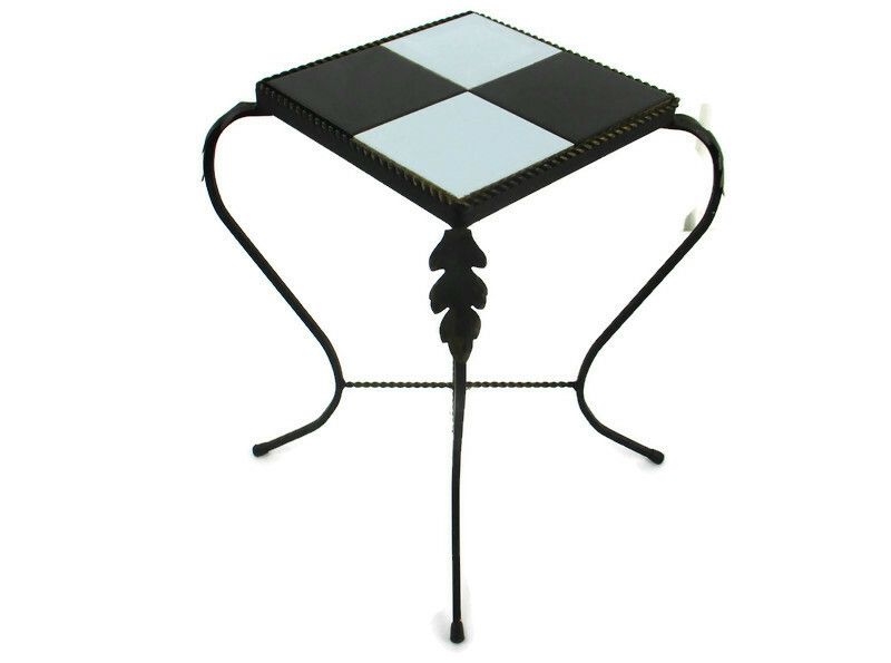 Retro Small Side Table Plant Stand Mosaic Tiles Checkered Pattern Wrought Iron