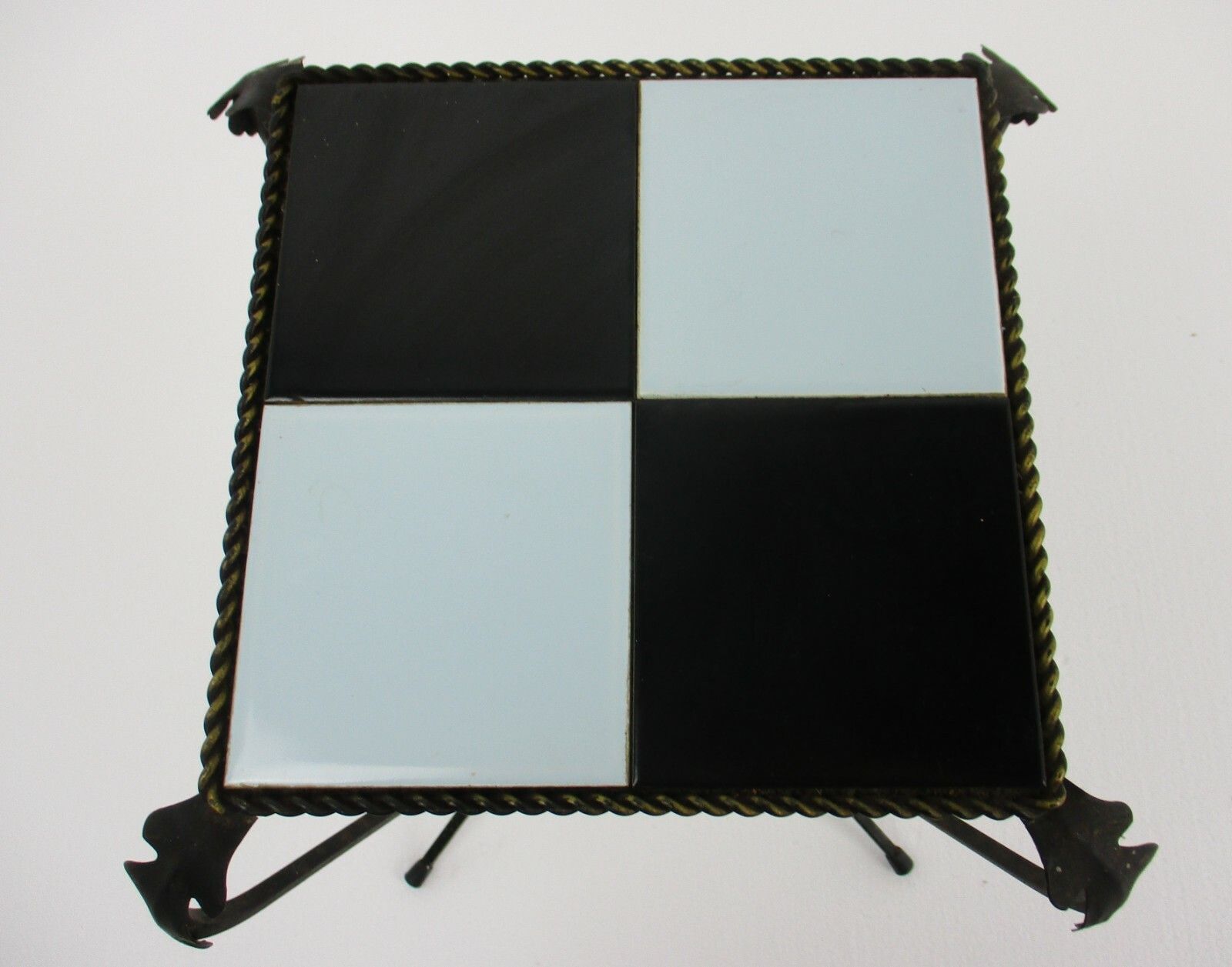 Retro Small Side Table Plant Stand Mosaic Tiles Checkered Pattern Wrought Iron photo Furniture