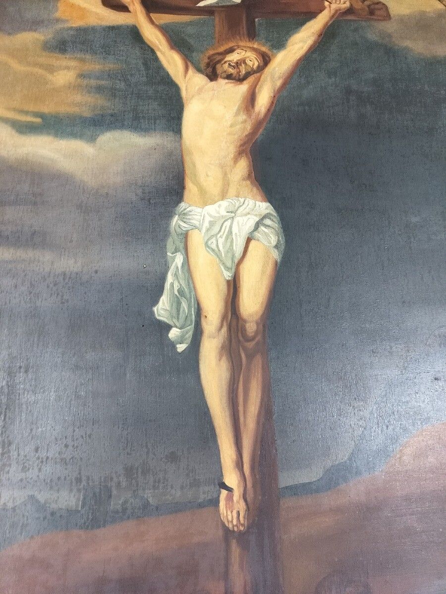 Very Large Antique Painting Oil On Wooden Panel Crucifixion After Antoon Van Dyc photo furniture