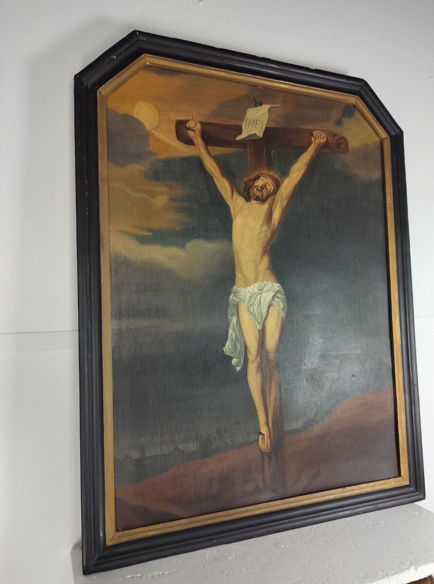 Very Large Antique Painting Oil On Wooden Panel Crucifixion After Antoon Van Dyc photo vinterior