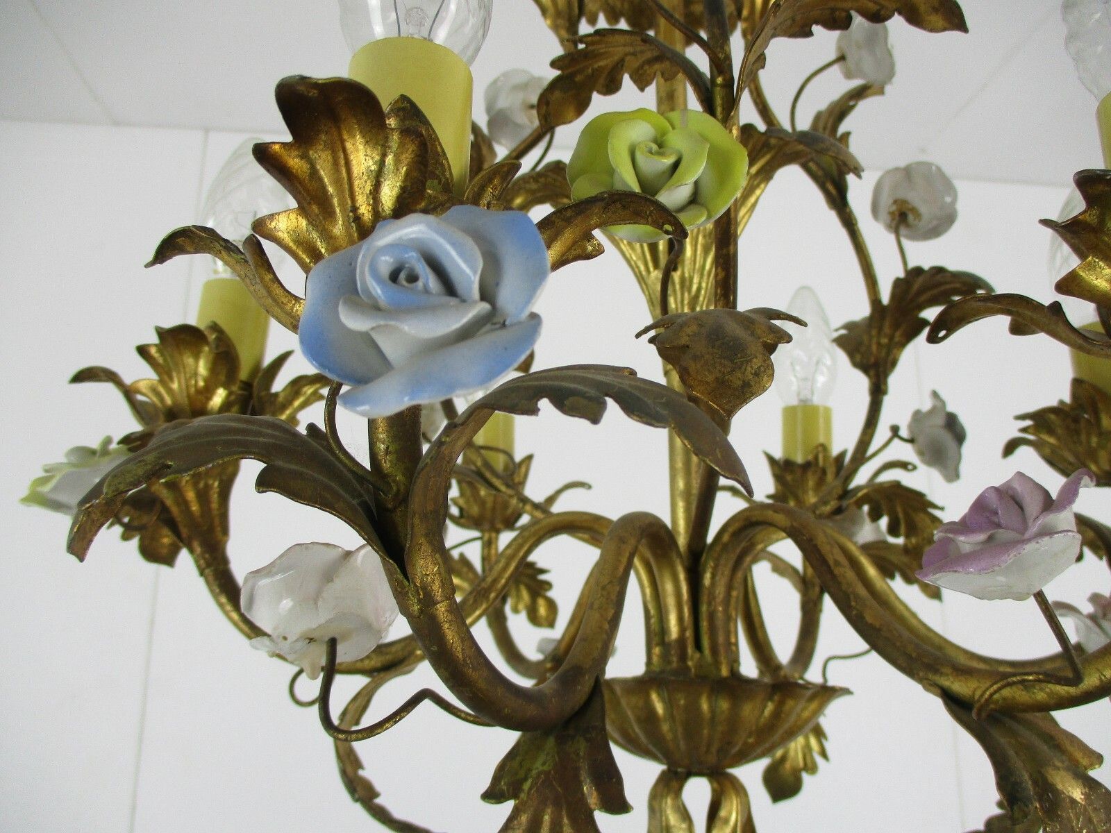 Regency Chandelier 6 Arm Lights Ornate Brass Leafs  Porcelain Flowers Italian photo vinterior
