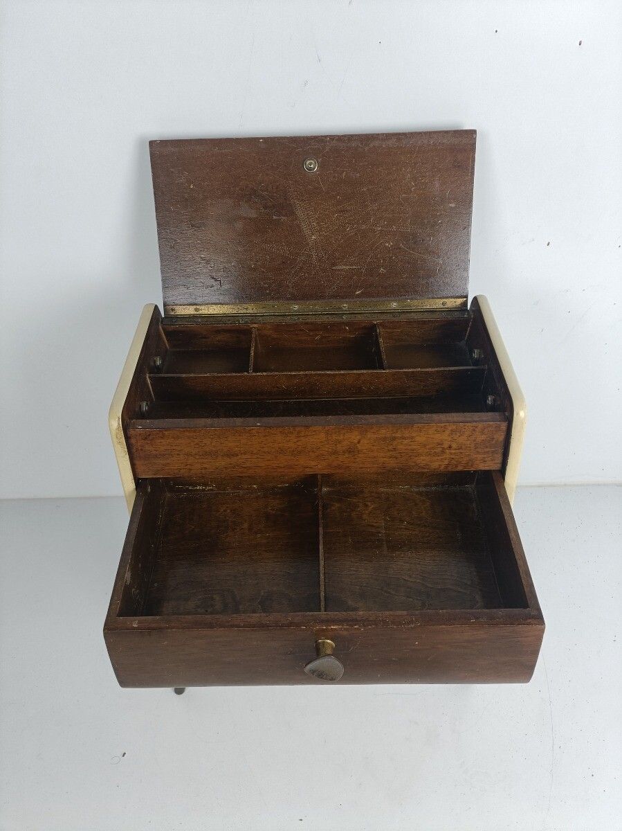 Furniture Danish Modern Teak Sewing Quilting Box Organizer Funky Era Eames Htf photo