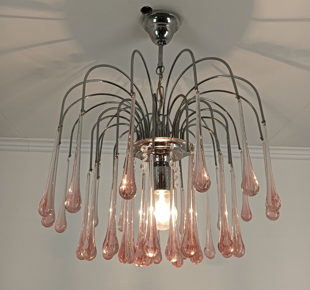 photo for sale Murano Pink Art Glass Teardrop Prisms Chandelier Italy 1 Light Pendant Lovely VI