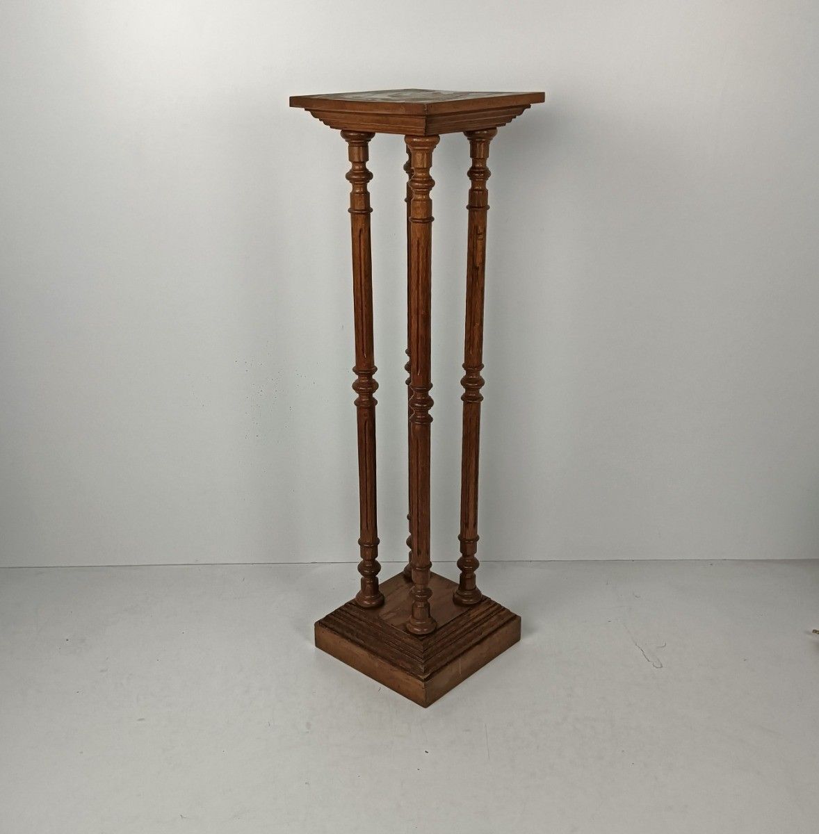 Tall Stylish Pedestal Pillar Plant Stand Side Table Vintage Carved Wood 4 Stems photo furniture