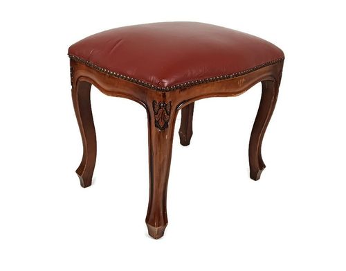 Footstool Ottoman  Louis XV Style  Hobnails Vintage Faux Leather Brown