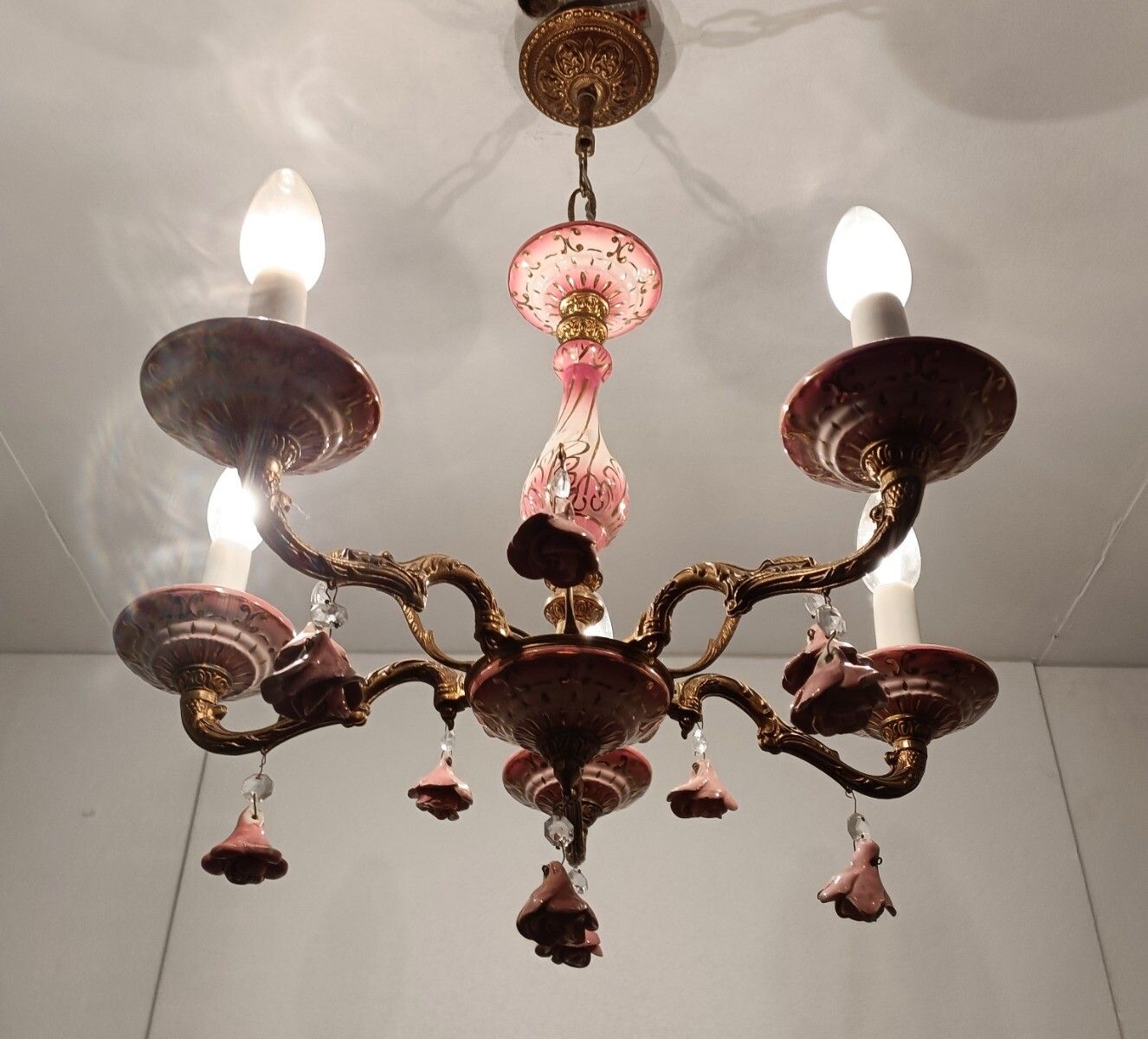 Chandelier Pink Porcelain Flower Prisms Brass Vintage Romantic 5 Arm 5 Lights photo for sale