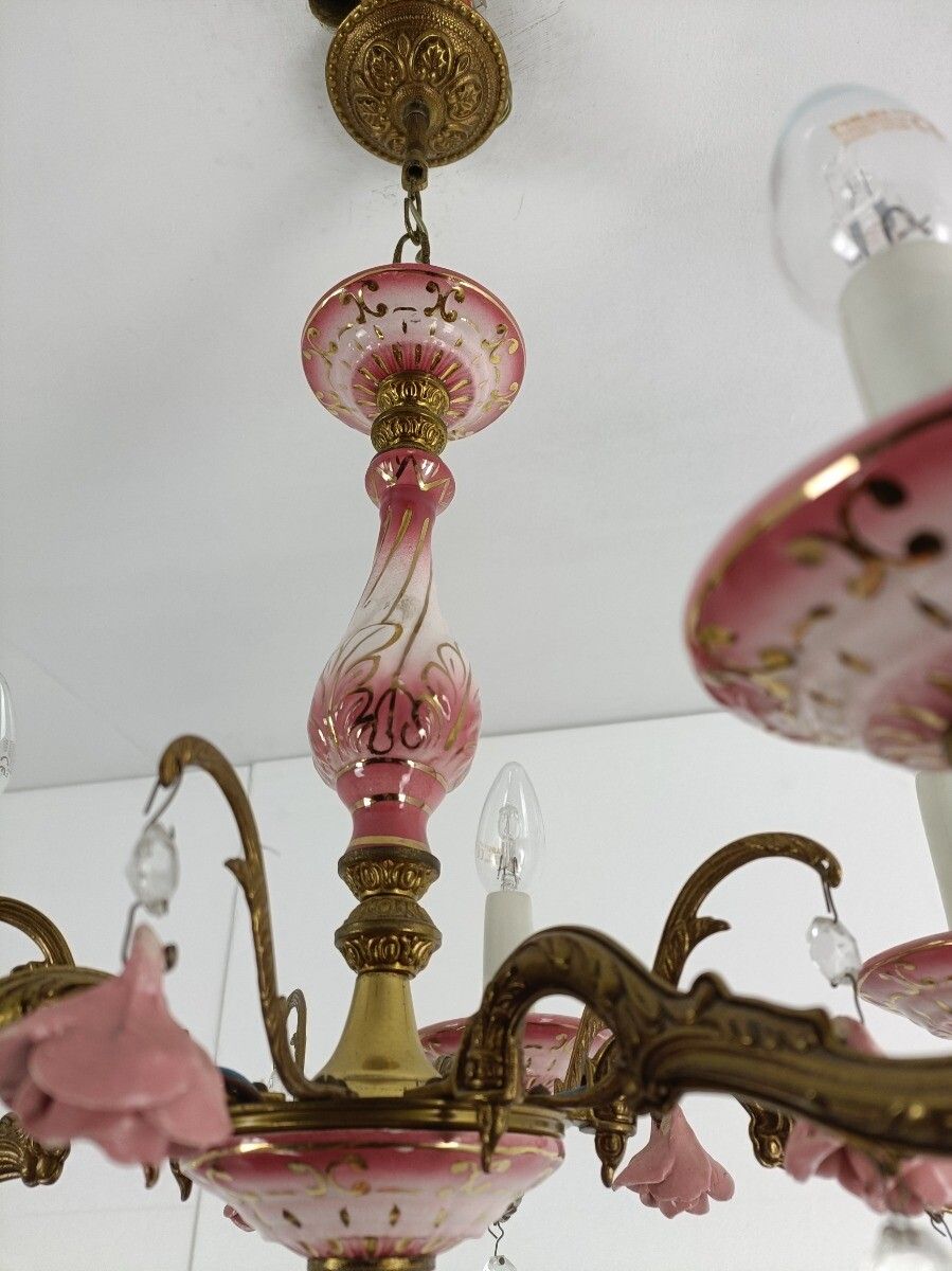 photo furniture Chandelier Pink Porcelain Flower Prisms Brass Vintage Romantic 5 Arm 5 Lights