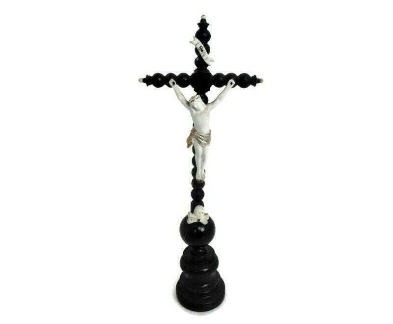 Antique Dark Carved Wood Table Standing Crucifix Round Base  Bobbin  Porcelain A