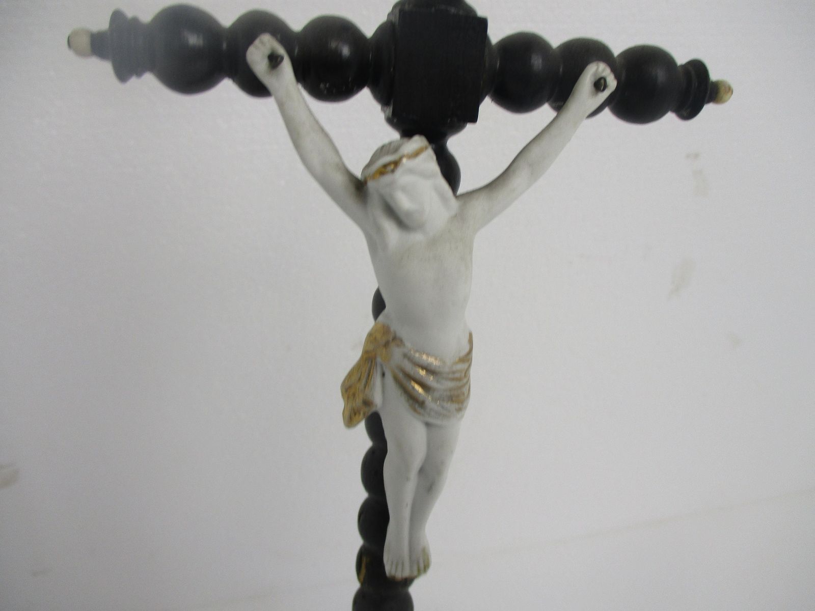 Antique Dark Carved Wood Table Standing Crucifix Round Base  Bobbin  Porcelain A photo furniture