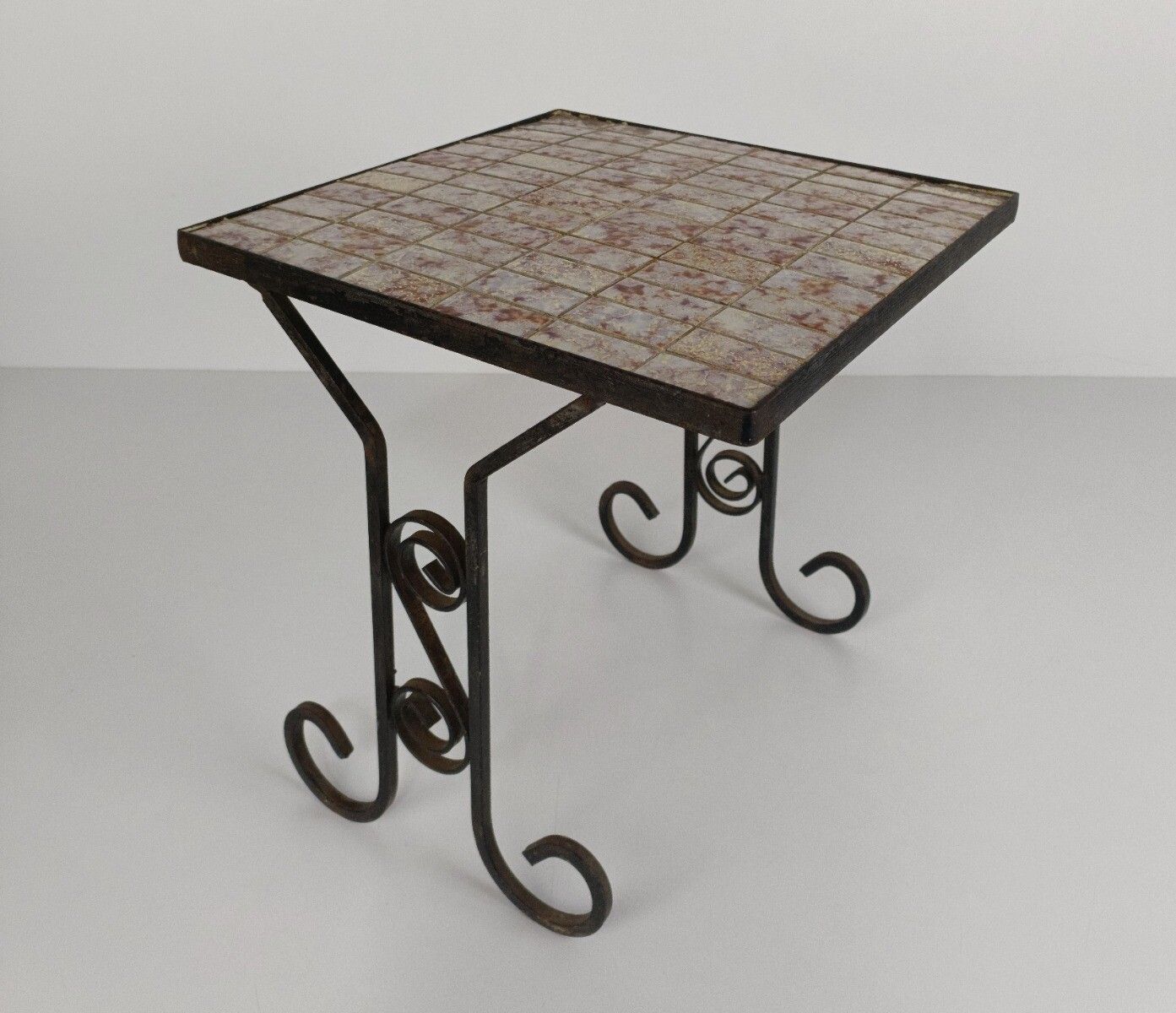 Vintage Side Table Plant Stand Ceramic Mosaic Tiles Wrought Iron  Modernist Retr photo furniture