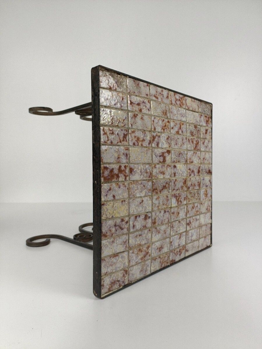 Vintage Side Table Plant Stand Ceramic Mosaic Tiles Wrought Iron  Modernist Retr photo vinterior