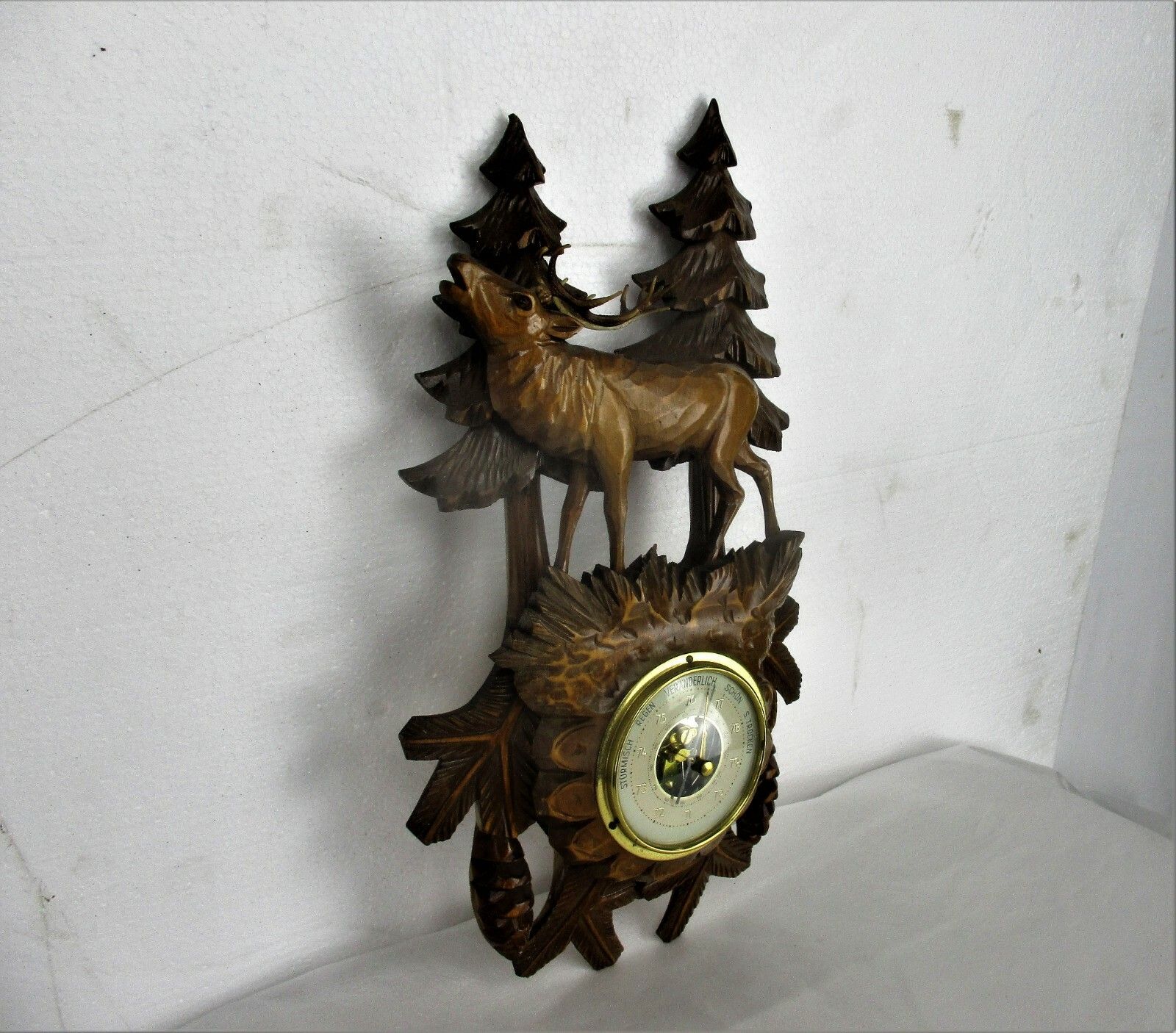 Hand Carved Wood Barometer Thermometer Weather Station Black Forest Deer Hunter photo furniture