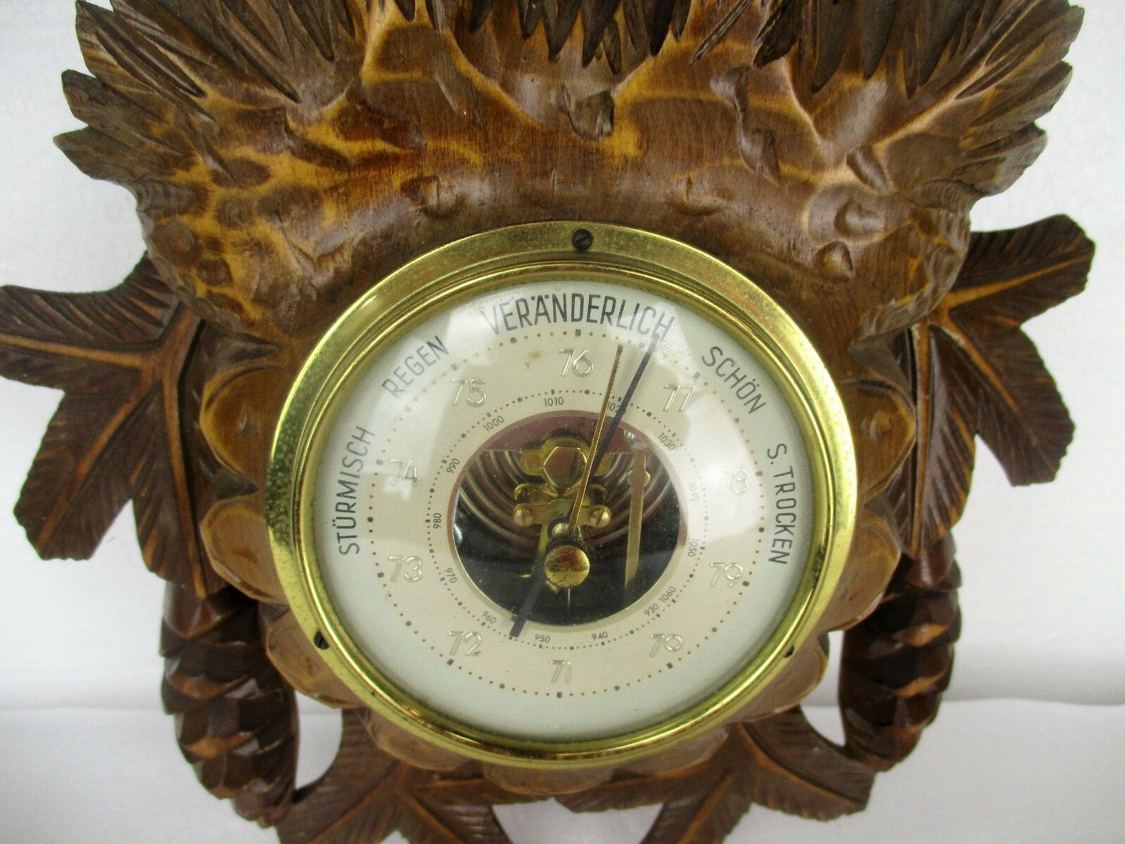 Hand Carved Wood Barometer Thermometer Weather Station Black Forest Deer Hunter photo 279.0