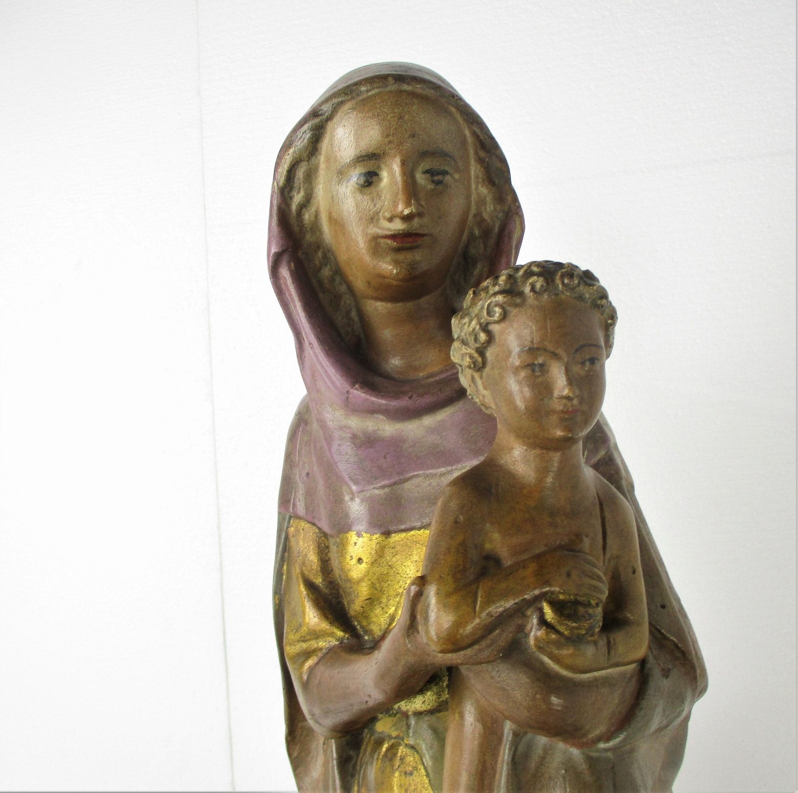 Statue Sitting Our Lady Virgin Mary Infant Jesus Child Sedes Sapientiae Plaster photo furniture
