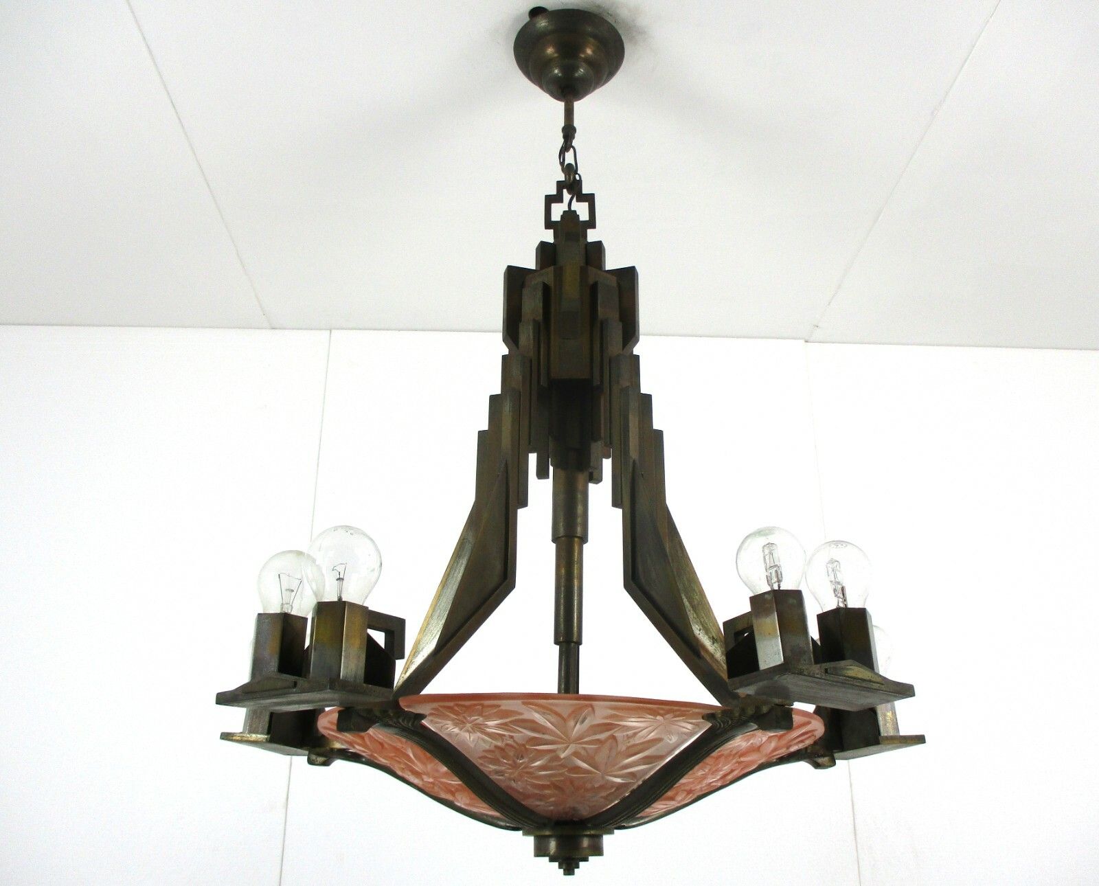 Art Nouveau  15!!  Lights Chandelier Lamp Art Deco Pink Glass Flower Shade Wow photo vinterior