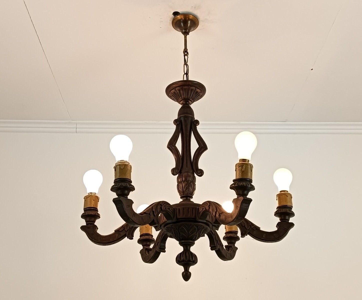Hand Carved Wood Wooden Chandelier Fixture 6 Lights Lovely Barn Farmhouse Countr photo furniture