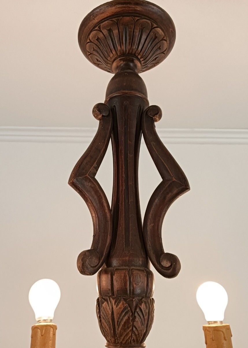 Hand Carved Wood Wooden Chandelier Fixture 6 Lights Lovely Barn Farmhouse Countr photo vinterior