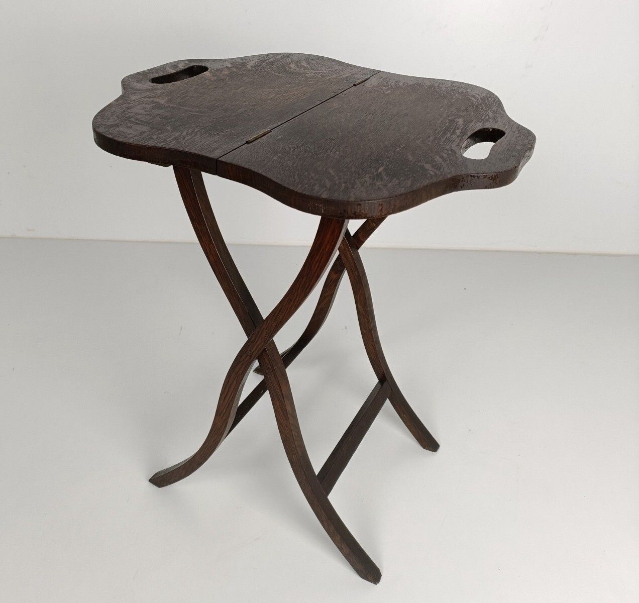 Funky Antique Stool Table Foldable Carved Wood Handles Occasional Butler Table photo furniture
