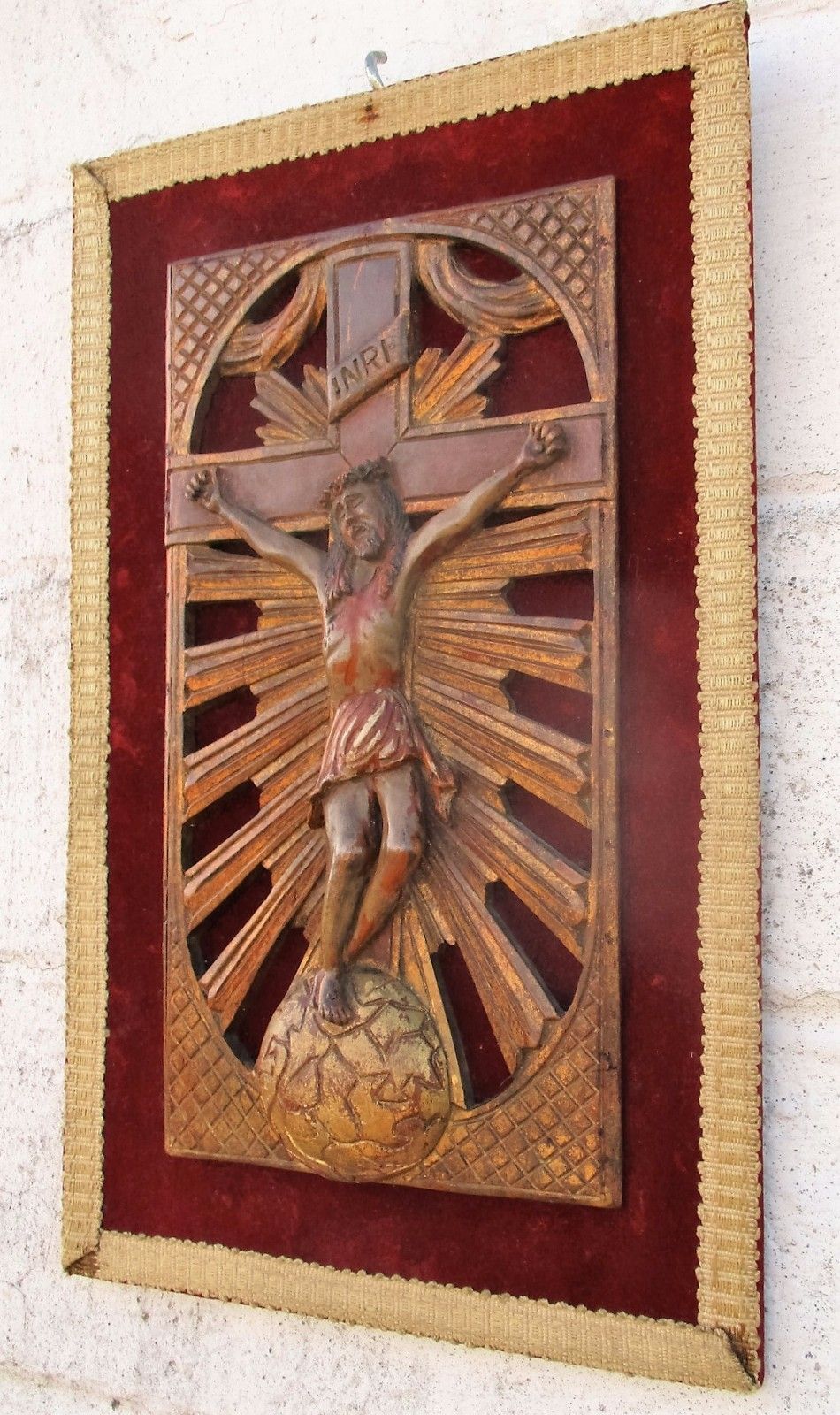 Antique Wall Hanging 18th Century Jesus Christ Crucifix Wood On Velvet Gorgeous