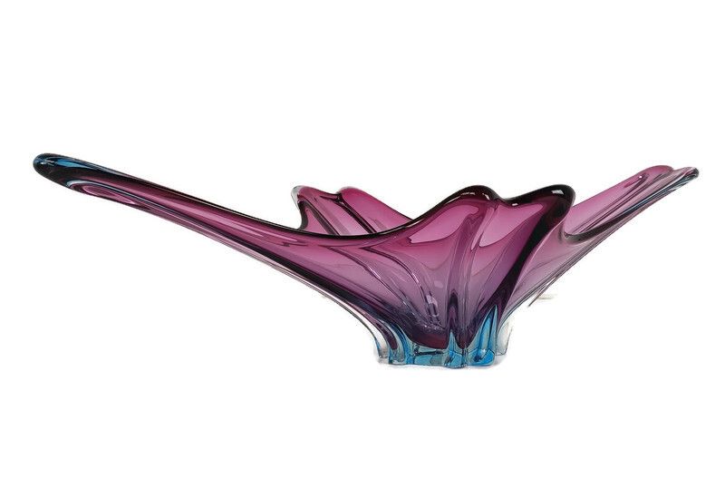 Italian Cranberry Blue Bowl Dish Centerpiece Murano Seguso Art Glass Modernist X