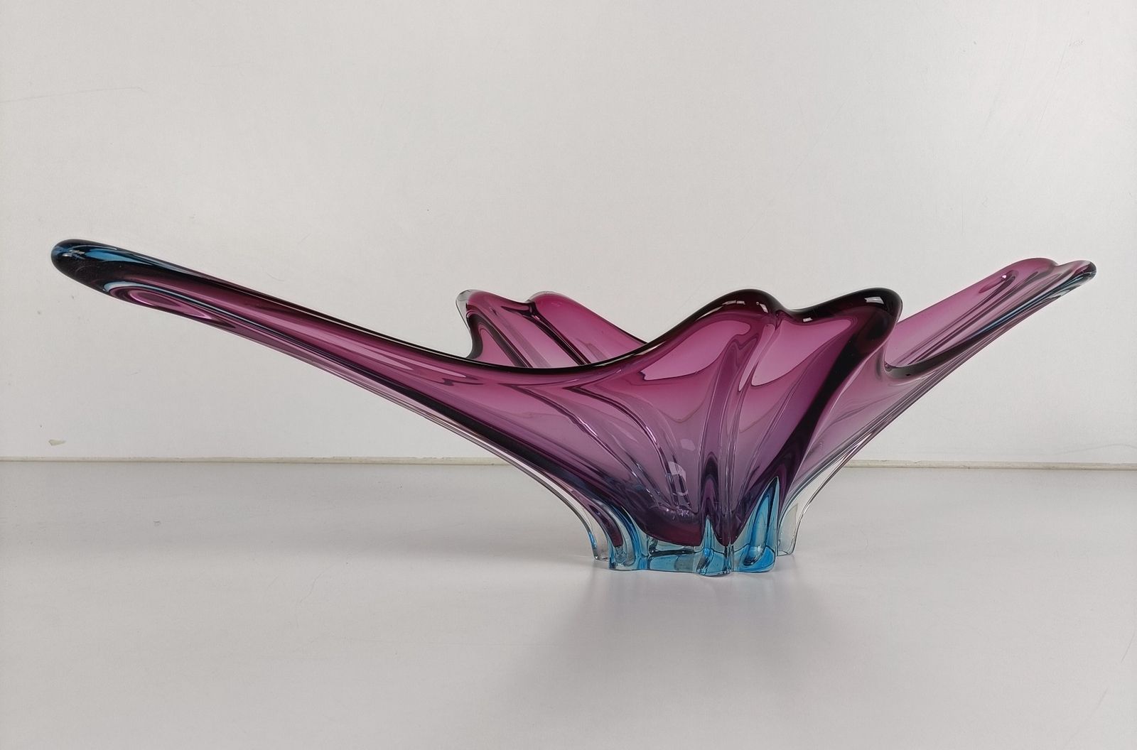 Italian Cranberry Blue Bowl Dish Centerpiece Murano Seguso Art Glass Modernist X photo for sale