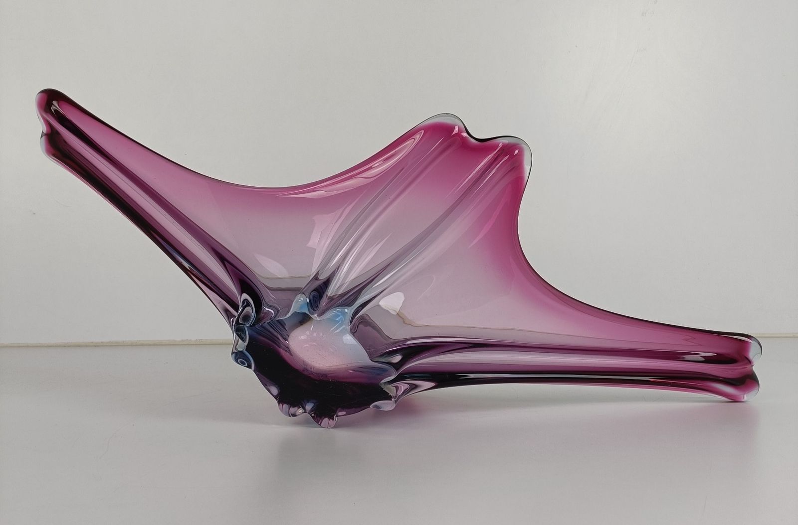 Home Decor Italian Cranberry Blue Bowl Dish Centerpiece Murano Seguso Art Glass Modernist X photo