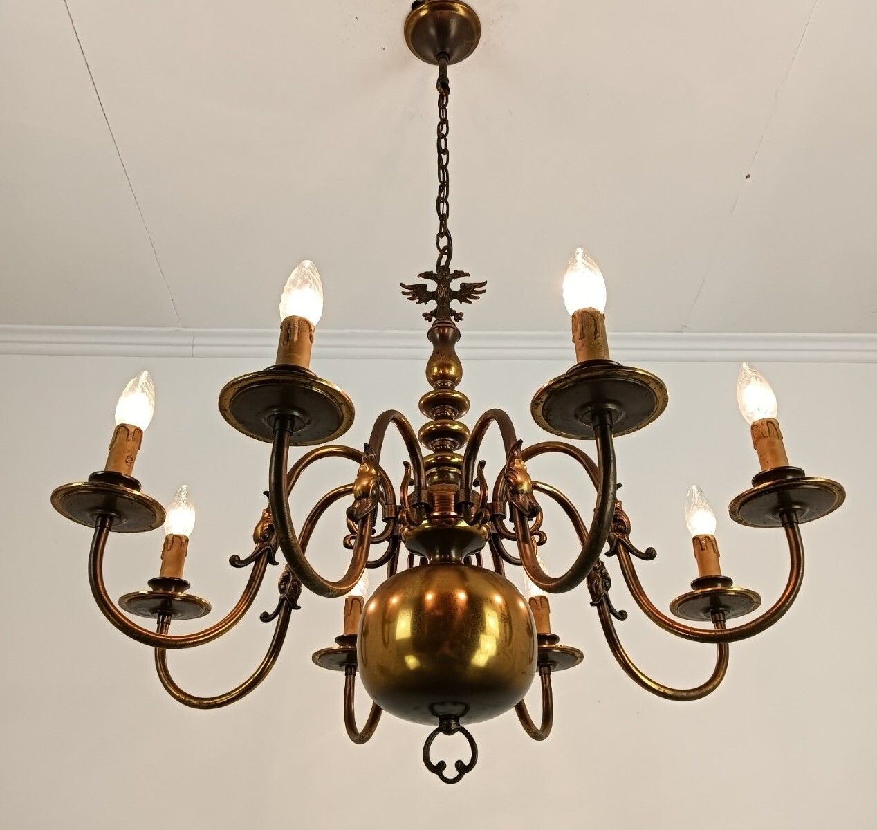 Chandelier Flemish Dutch Brass Ornate 8 Lights Vintage Modernist Barn Farmhouse photo for sale