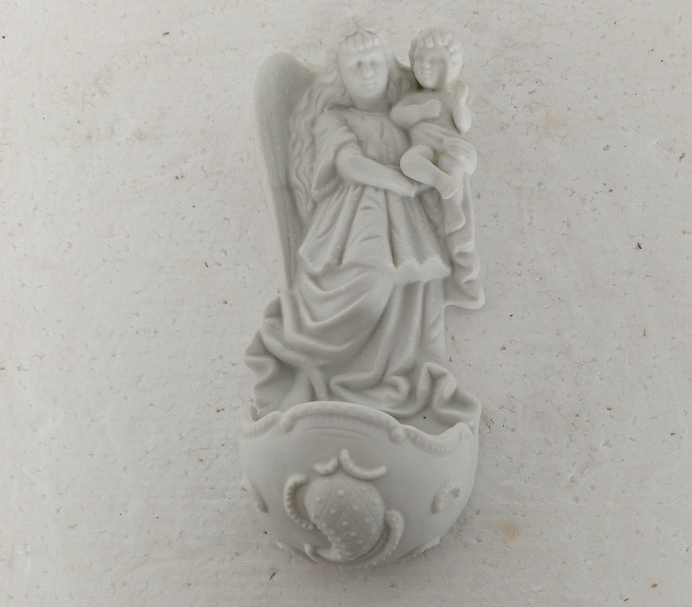 Beautiful Bisque Porcelain Antique Holy Water Font Vessel White Angel With Infan