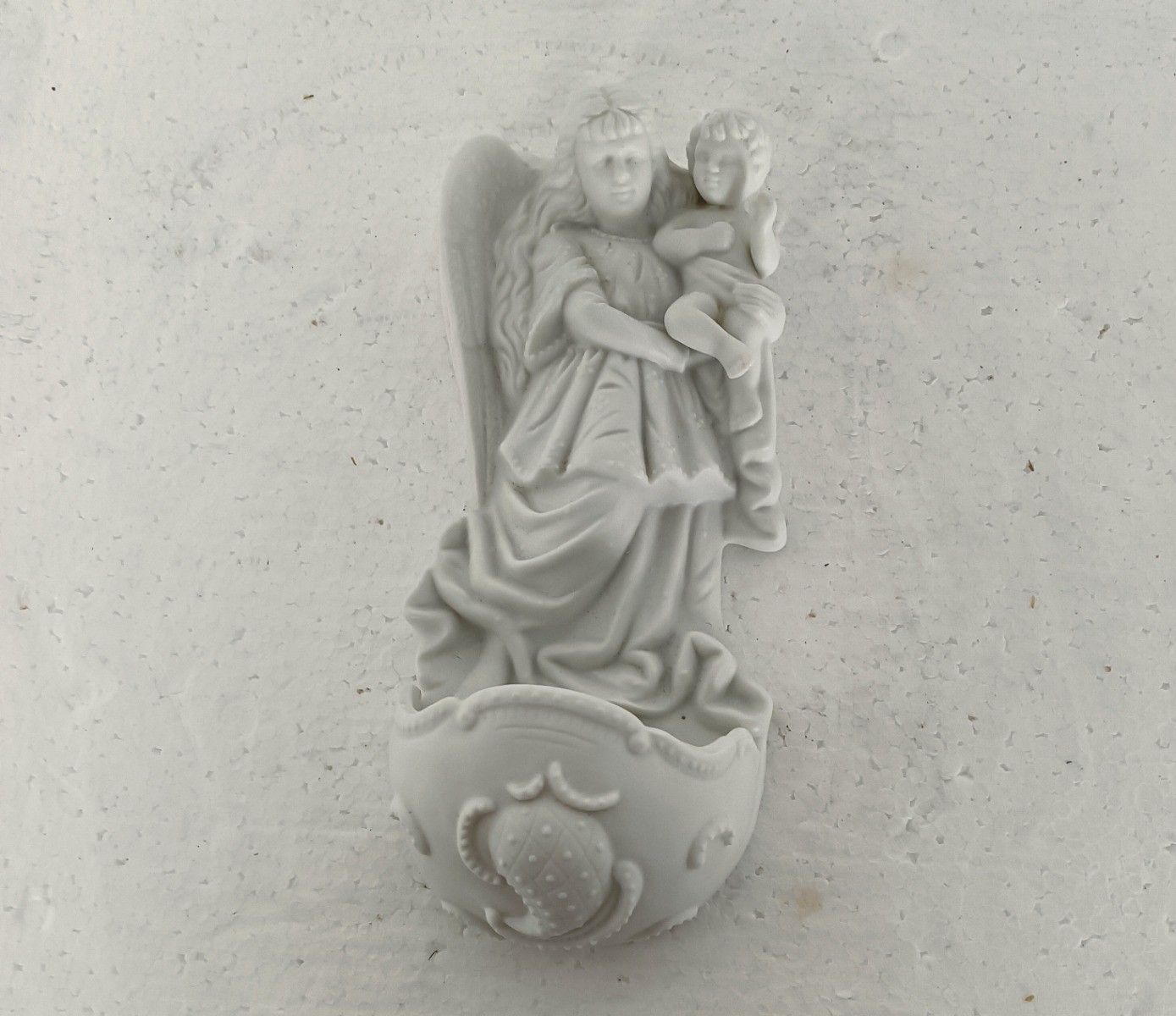 Beautiful Bisque Porcelain Antique Holy Water Font Vessel White Angel With Infan photo Home Decor