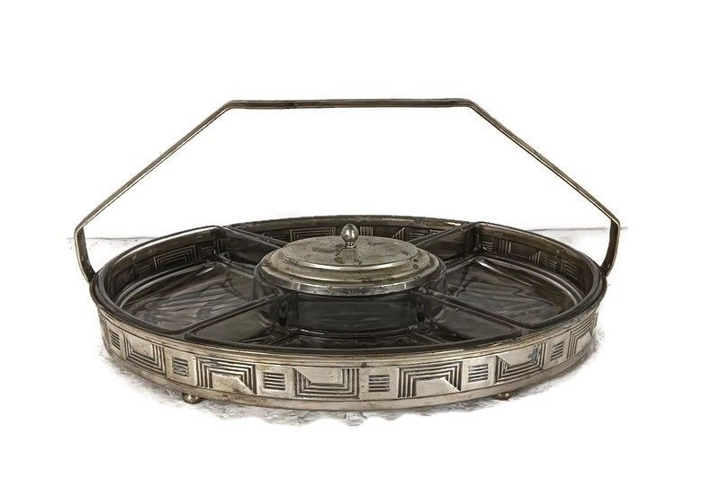 Art Deco Antique Apero Serving Dish Centerpiece Divided Silver Plated Metal Glas