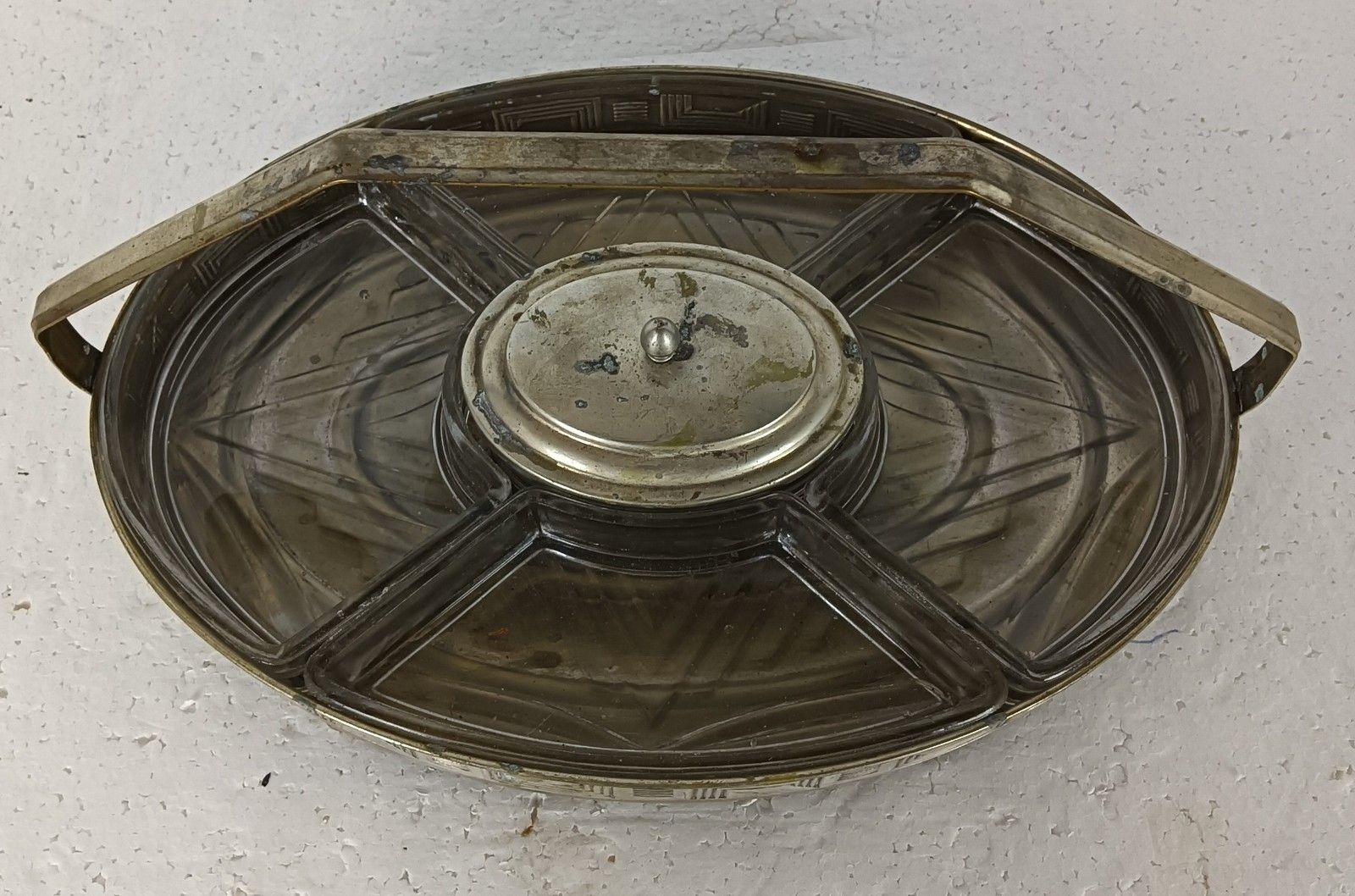 Art Deco Antique Apero Serving Dish Centerpiece Divided Silver Plated Metal Glas photo Home Decor