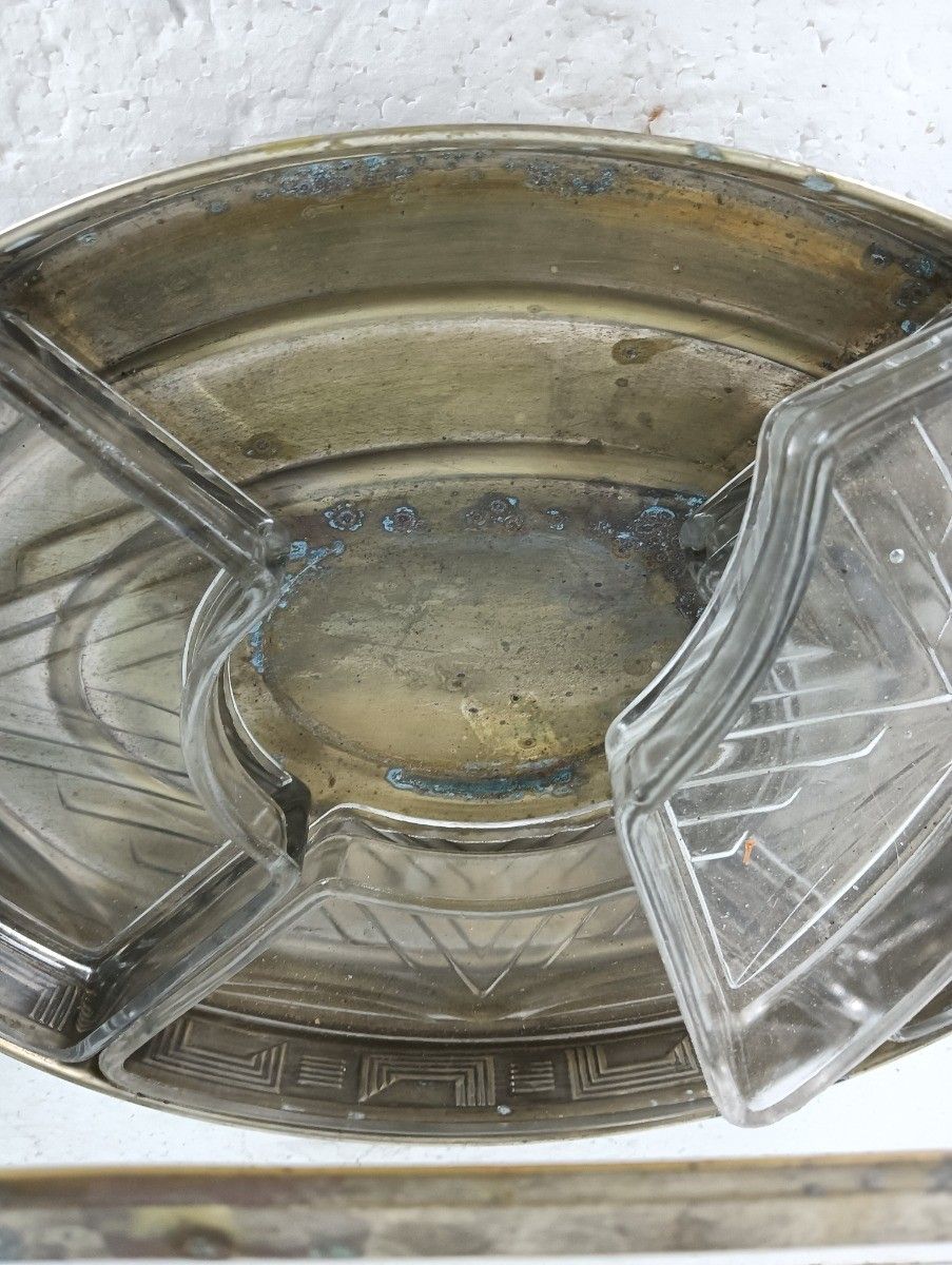 Art Deco Antique Apero Serving Dish Centerpiece Divided Silver Plated Metal Glas photo buy