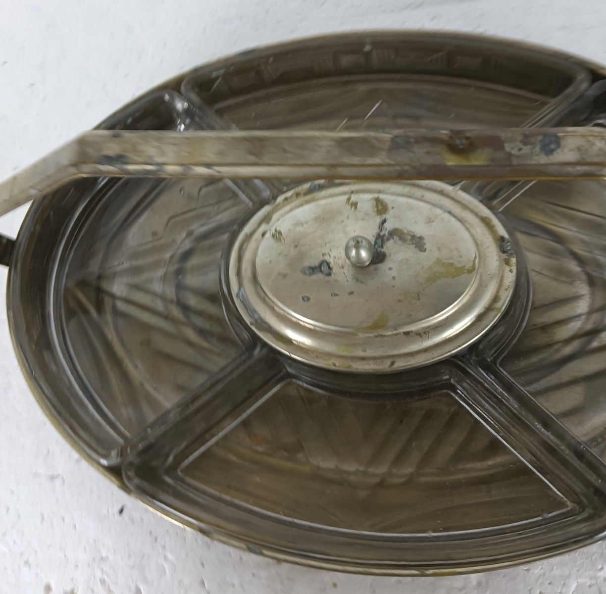 Art Deco Antique Apero Serving Dish Centerpiece Divided Silver Plated Metal Glas photo vintage
