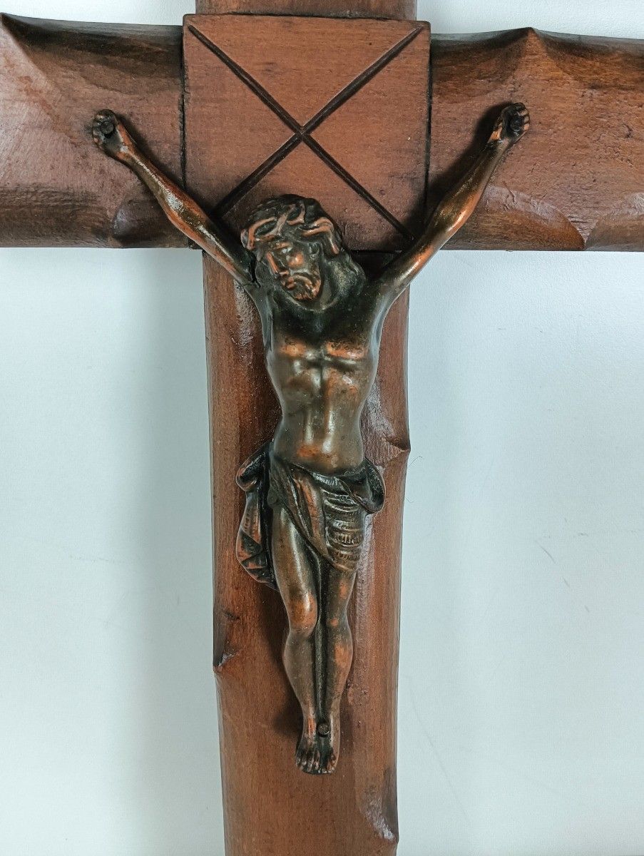 Art Deco Bauhaus Hanging Wall Crucifix Wood Brass Corpus  Jesus Christ  Antique photo furniture