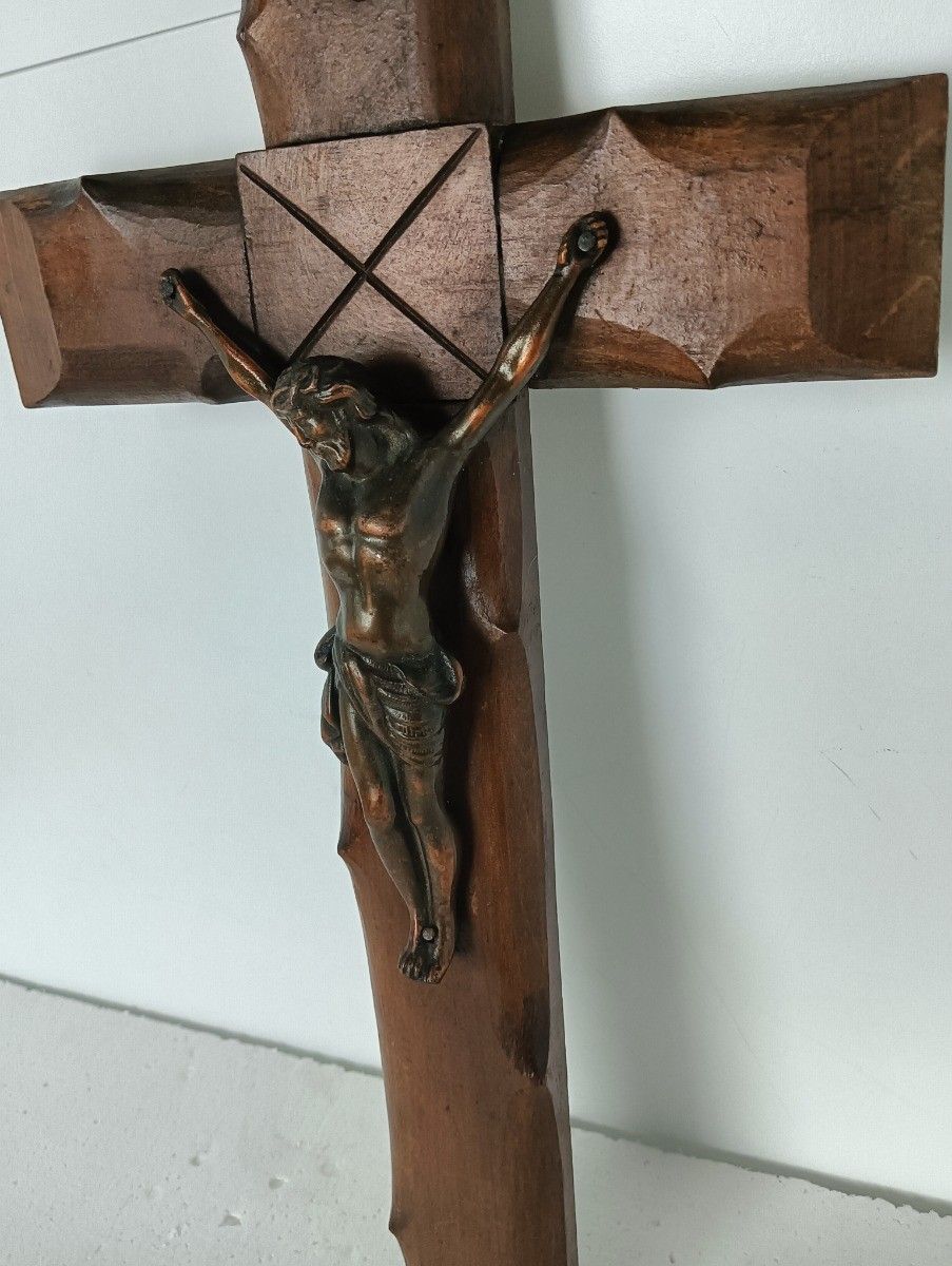 Art Deco Bauhaus Hanging Wall Crucifix Wood Brass Corpus  Jesus Christ  Antique photo vintage