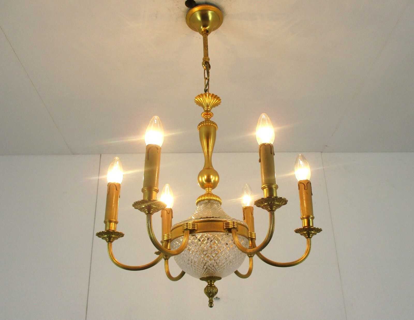 Hollywood Regency 1950s Chandelier Lamp Christal Brass Small Lovely 6 Lights Arm photo for sale