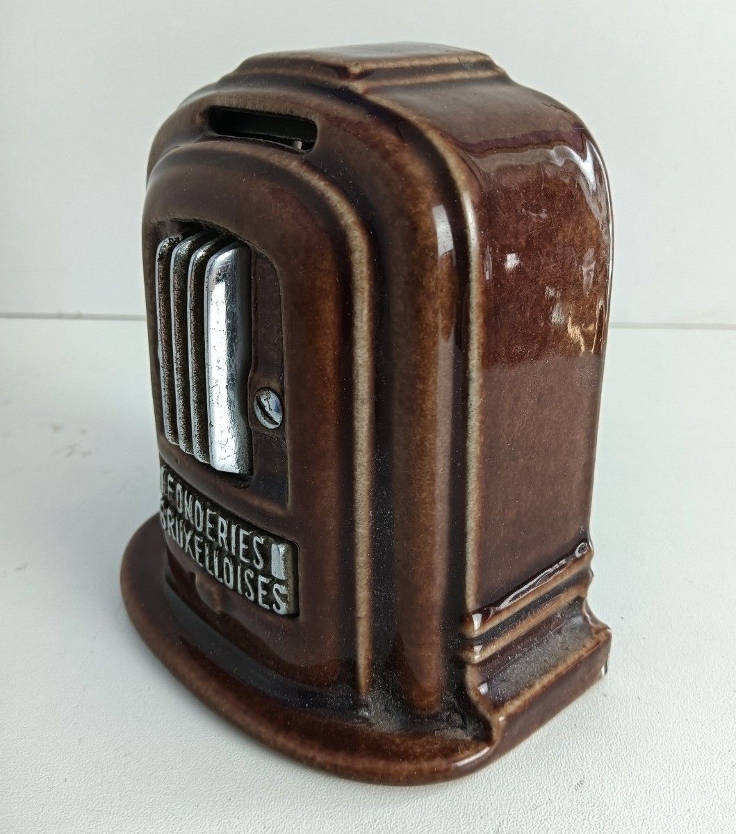 Fobrux Fonderies Bruxelloise Cast Iron Antique Piggy Bank Coin Box Stove Collect photo for sale