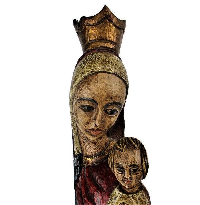 Xl Vintage Virgin Mary Madonna And Child Hand Carved Wood Polychrome Statue Chur photo furniture