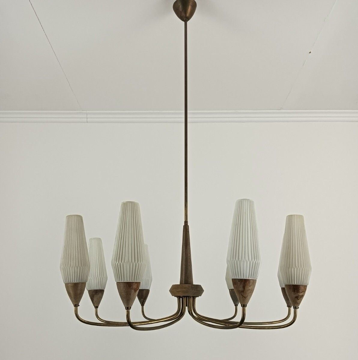 Sputnik Spider Chandelier Chrome Wood Glass 8 Lights Arm Vintage Retro Funky Gla photo furniture