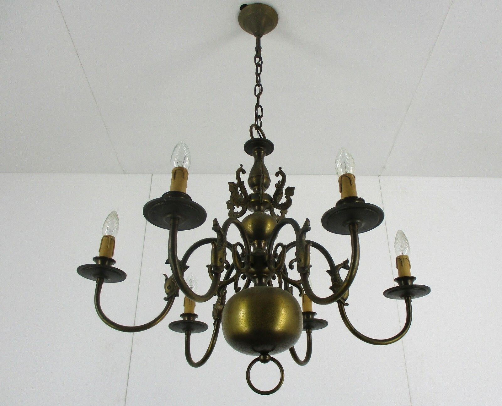 Flemish Dutch Chandelier 6 Arm Lights Brass  Fish Seahorses Countryhouse Vintage photo vinterior