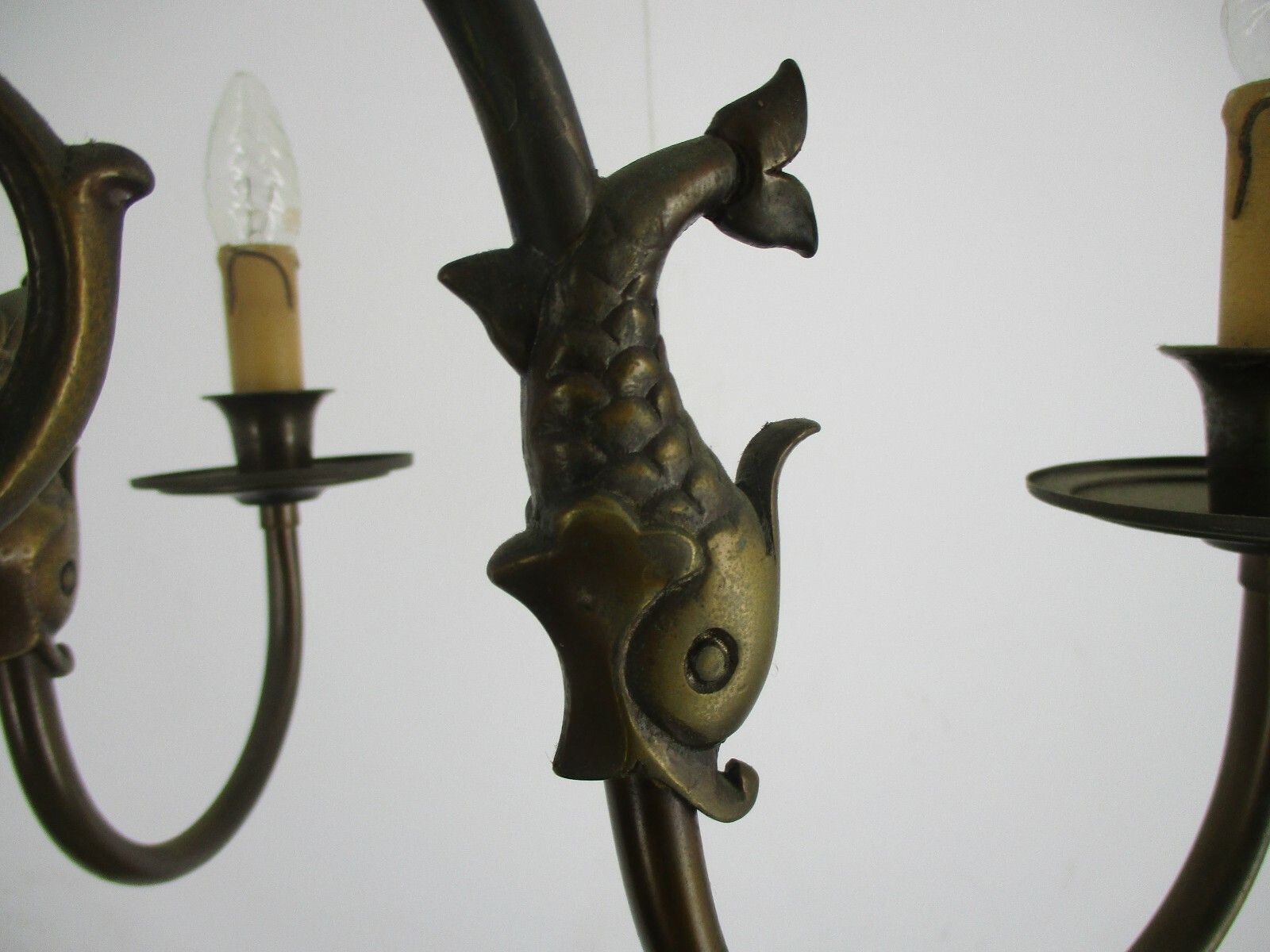 photo furniture Flemish Dutch Chandelier 6 Arm Lights Brass  Fish Seahorses Countryhouse Vintage