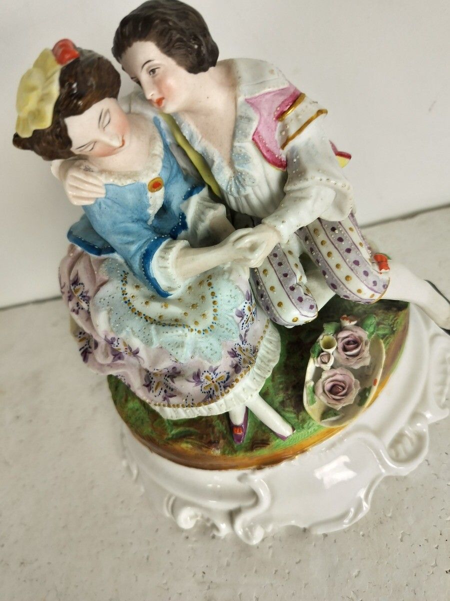 Lovely Antique Porcelain Figurine Budvase Couple Courting Bisque photo furniture