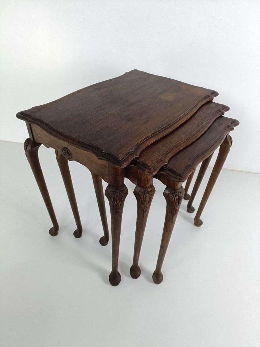 Set Of 3 Wood Stacking Nesting Tables Louis XV Style Mid Century Modernist Ornat photo Furniture