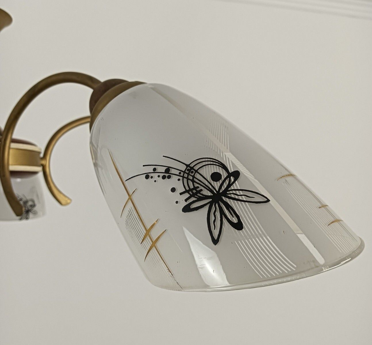 Lighting Spider Chandelier Art Glass Shades With Butterflies Teak Brass 5 Arm Vintage Pop photo