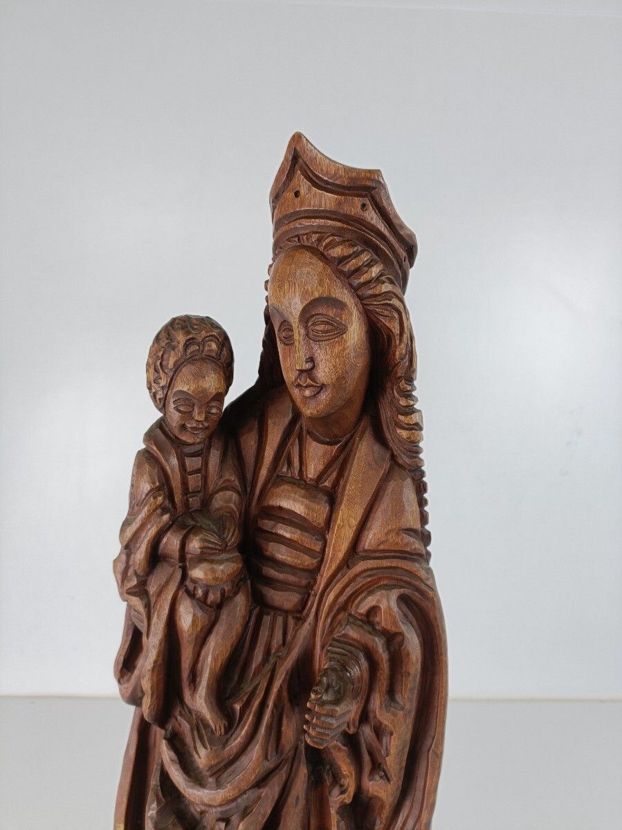 photo furniture Large Hand Carved Wooden Madonna With Infant Crescent Moon Virgin Mary Sculpture